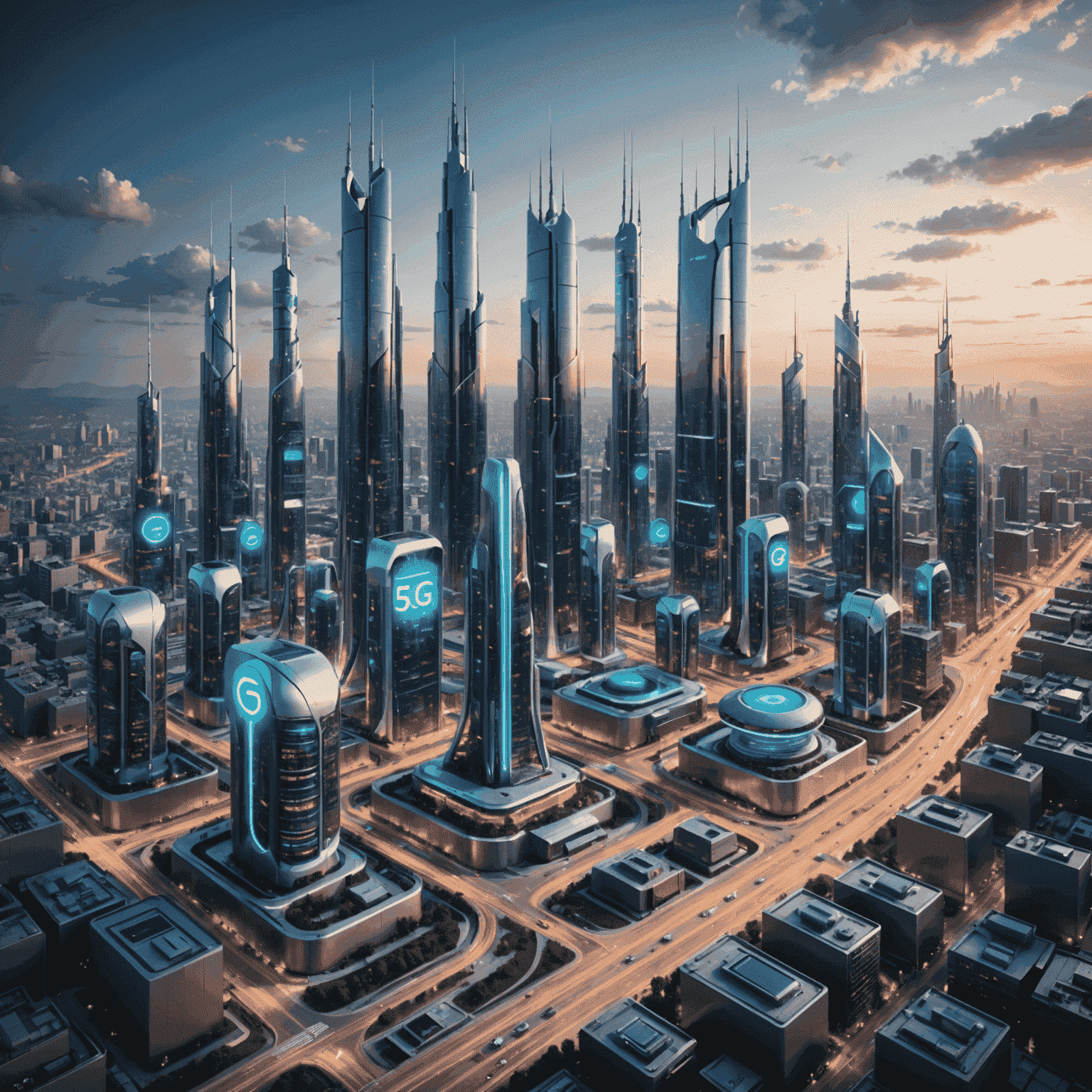 A futuristic cityscape with 5G towers and devices connected to a high-speed network, showcasing the power and reach of 5G technology