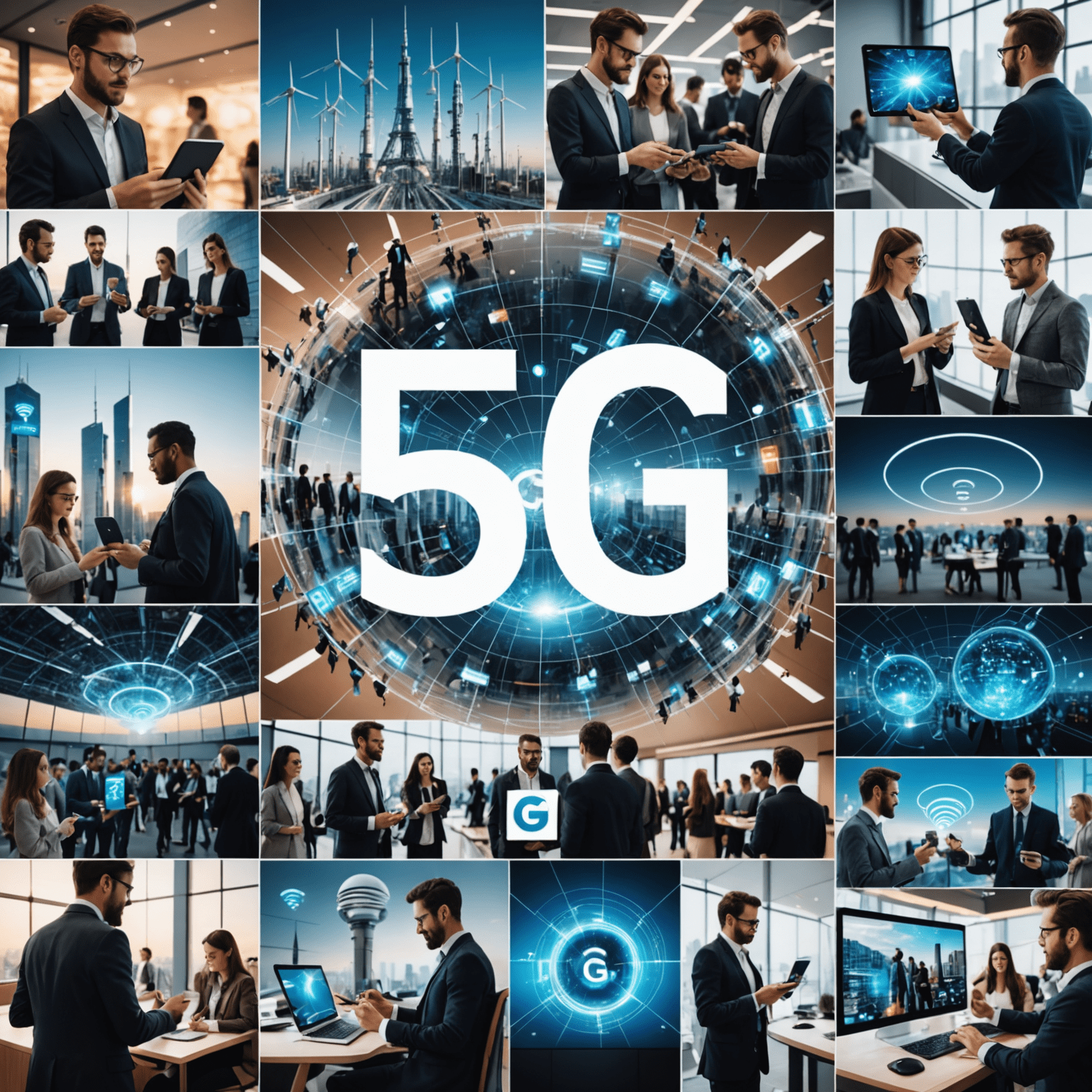 A collage of 5G towers, smartphones, and people using high-speed internet on various devices, showcasing the power and reach of 5G technology