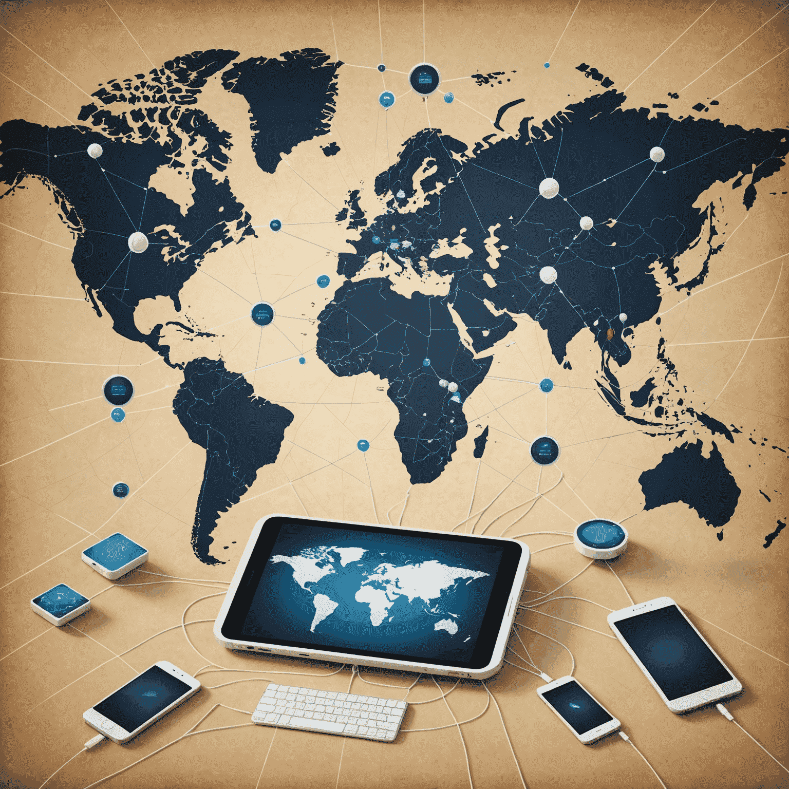 A world map with connected mobile devices, showing global connectivity and roaming capabilities