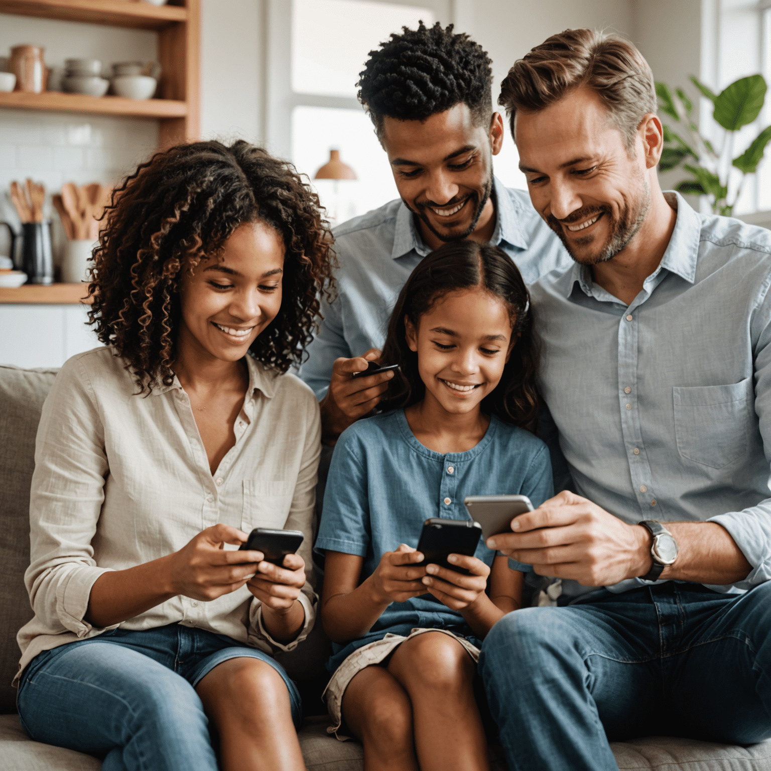 A family using smartphones together, showcasing the essentials plan with basic data and calling features