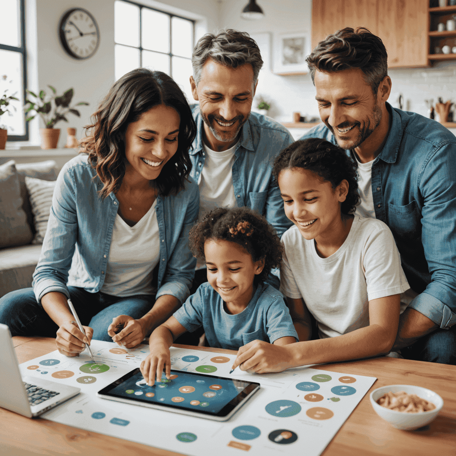 A family enjoying various digital activities, representing the enhanced features of the Family Plus plan