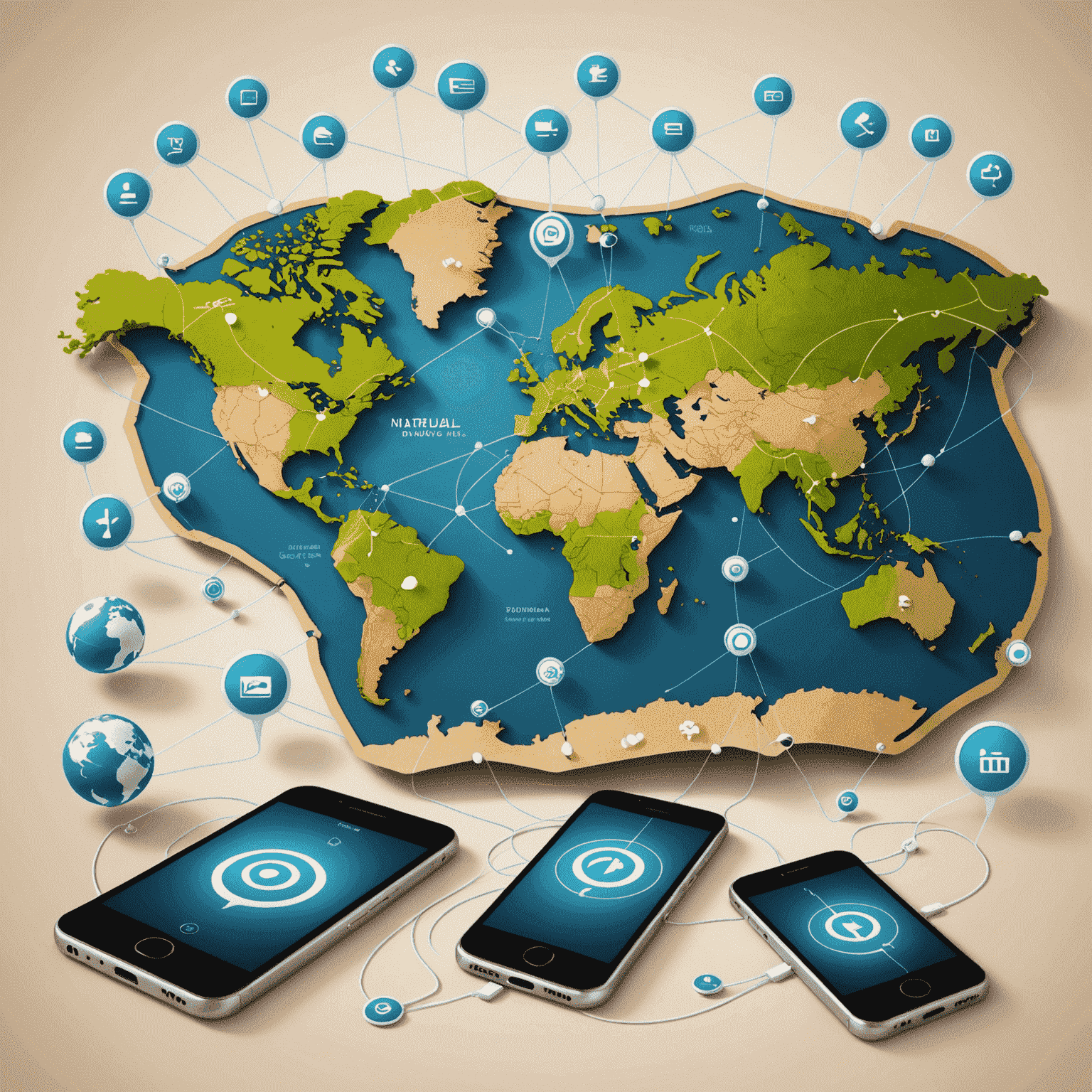 World map with connected mobile devices and roaming symbols