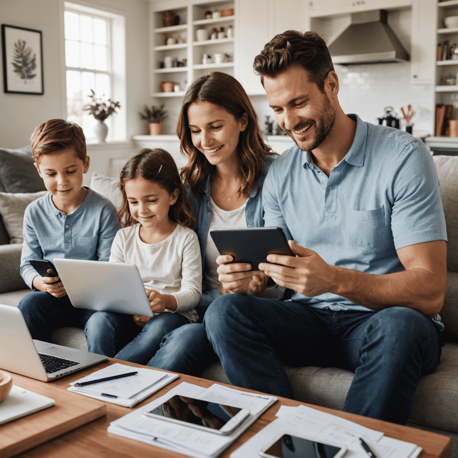 A family using multiple devices simultaneously, illustrating the comprehensive coverage of the Family Ultimate plan