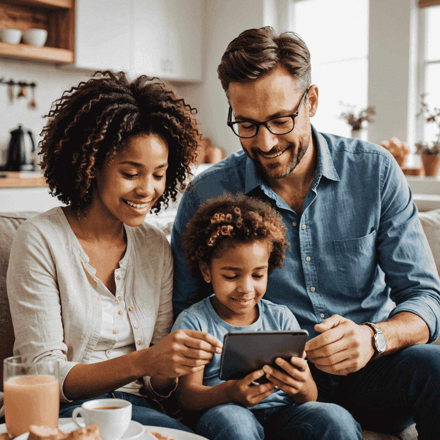 Family using various mobile devices together, showcasing shared plan benefits